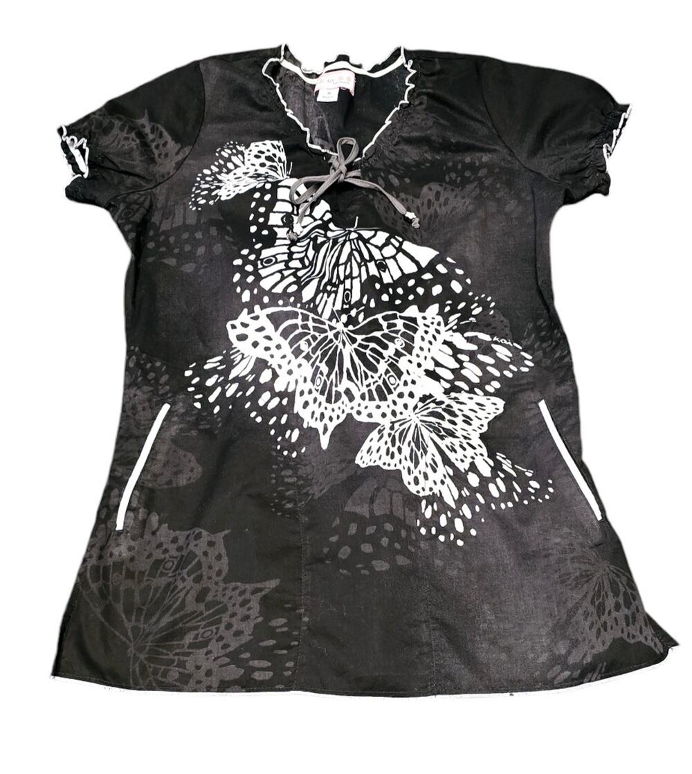 Koi Kathy Peterson Butterfly Scrub Top Size Small Black Gray Short Slv